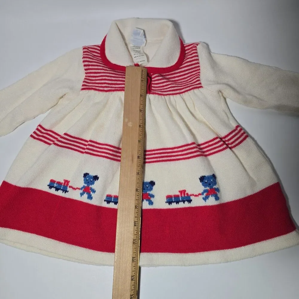 Vtg Nann Knits 24 Months White & Red Soft Girls Sweater Dress With Blue Bears